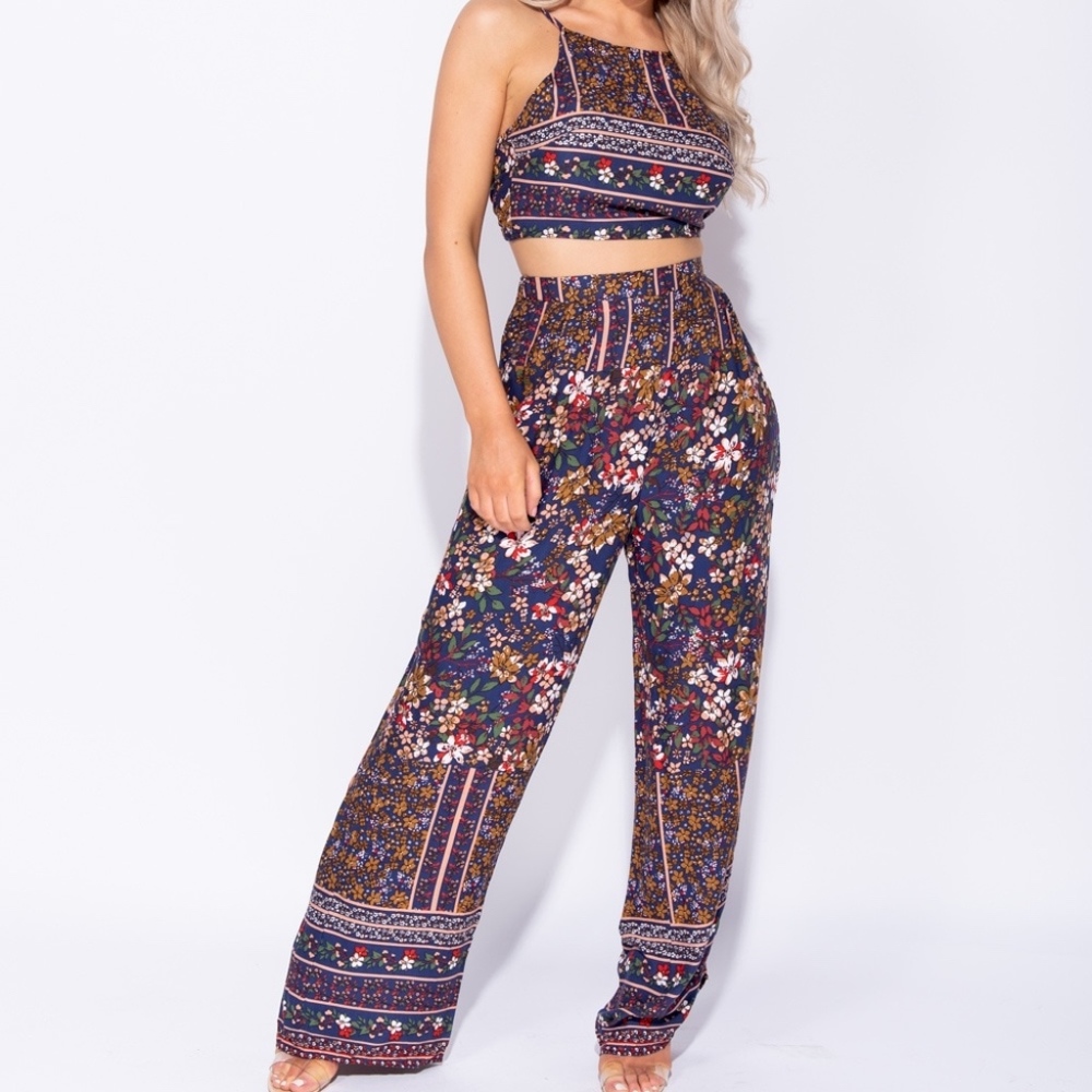 Floral Printed Tie Crop Top & Wide Leg Trouser Set